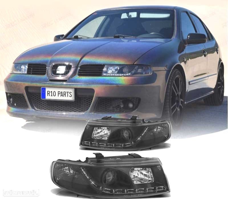 FARÓIS COM LUZ DIURNA SEAT LEON TOLEDO 99-04 FUNDO PRETO - 1