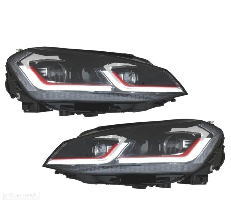 CONJUNTO FARÓIS VW GOLF 7 12-17 LOOK FACELIFT G7.5 GTI INDICADOR DINÂMICO PRETO COM BORDA VERMELHA - 1