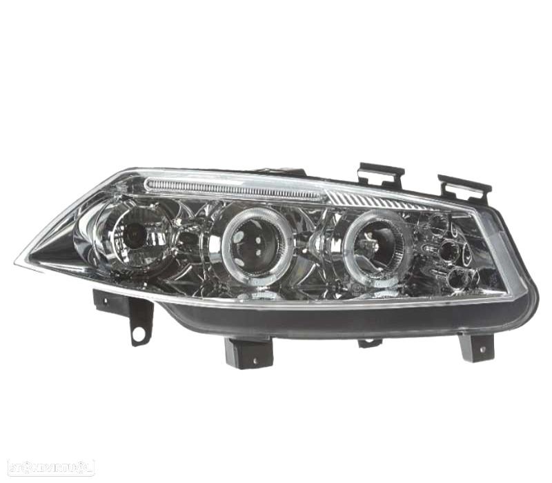 FARÓIS FRONTAIS RENAULT MEGANE 02-05 ANGEL EYES LED FUNDO CROMADO - 2