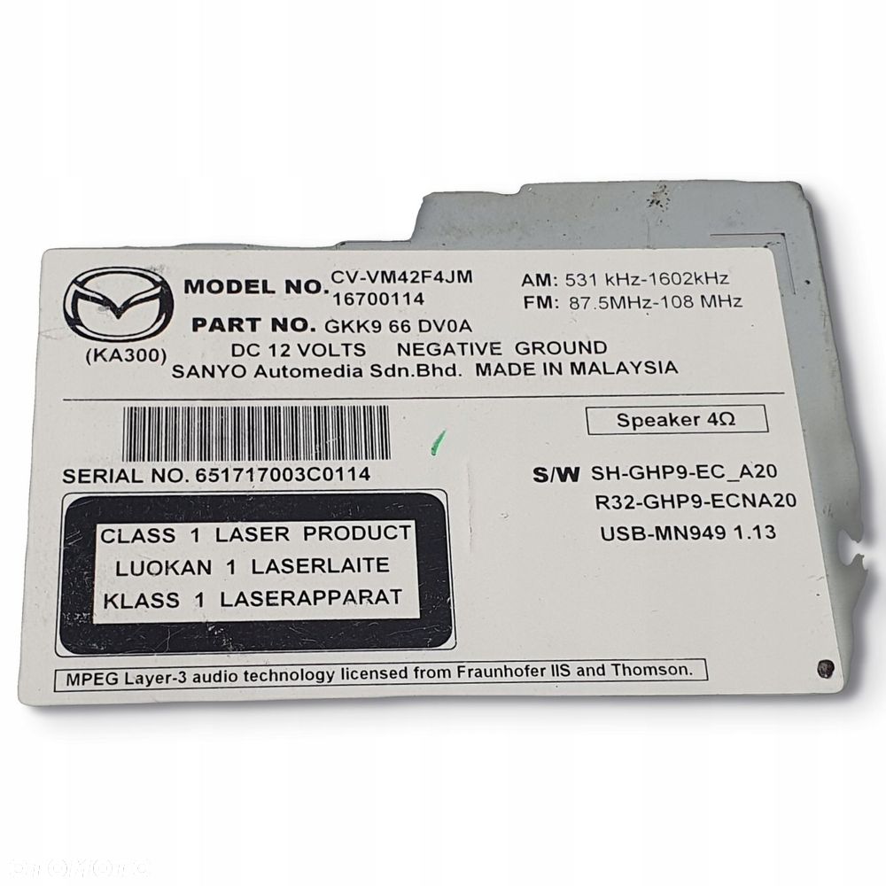 RADIO CD RADIOODTWARZACZ NAWIGACJA NAVI Mazda 6 III GKK966DV0A CV-VM42F4JM - 2