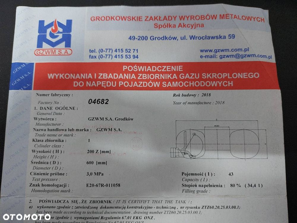 BUTLA GAZOWA LPG 43L 2028R PODWIESZANA PAPIER + ZAWÓR - 2