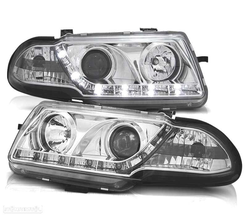 FARÓIS COM LUZ DIURNA OPEL ASTRA F 94-98 FUNDO CROMADO - 1