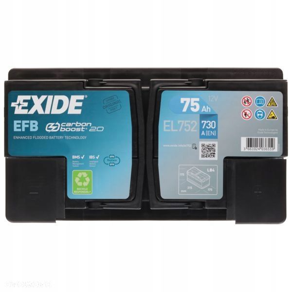 Akumulator Exide EL752 75Ah 730A L4B P EFB StartStop - 18,6 kg - 3