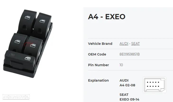 Comando botão interruptor vidros  Audi A4  de 2001 a 2008  e Seat Exeo  NOVO - 5