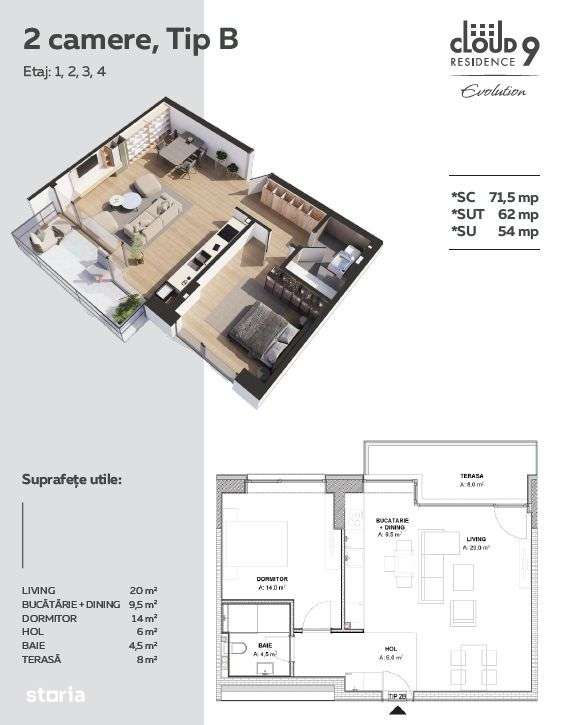 Cloud 9 Evolution – Apartament 2 camere Tip B | Orientare Sudică — fotografia 1