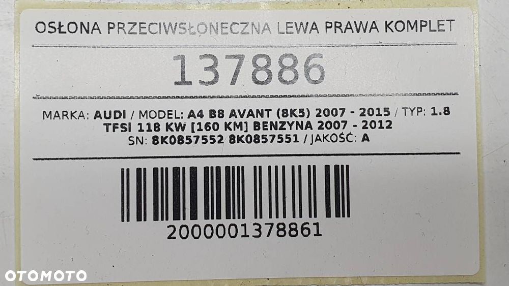 OSŁONA SŁONECZNA DASZKI LEWY PRAWY KOMPLET A4 B8 KOMBI 8K0857552 8K0857551 - 6