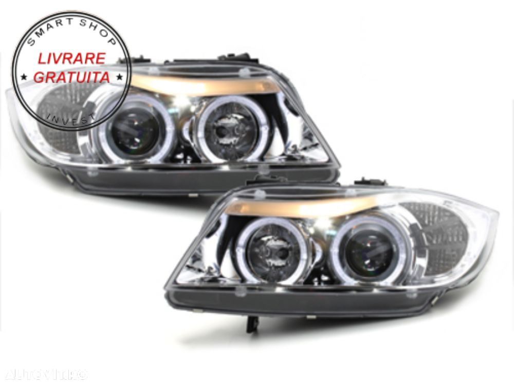 Faruri BMW Seria 3 E90 E91 (03.2005-08.2008) Angel Eyes Crom- livrare gratuita - 1