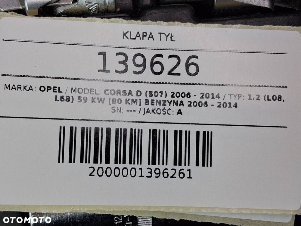 KLAPA TYŁ TYLNA BAGAŻNIKA OPEL CORSA D 3D 2006 - 9