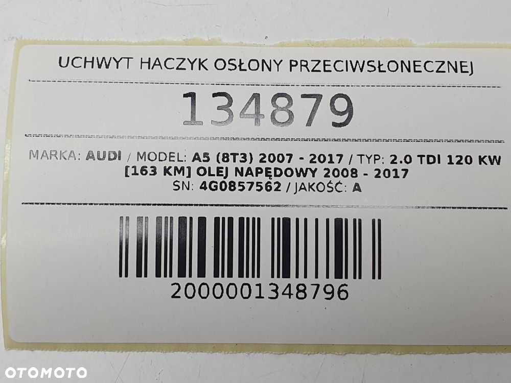 UCHWYT HACZYK OSŁONY PRZECIWSŁONECZNEJ AUDI A5 8T COUPE 4G0857562 - 5