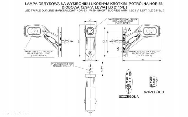 lampa obrysowa led skośna krótka trójfunkcyjna 12/24v lewa - 2