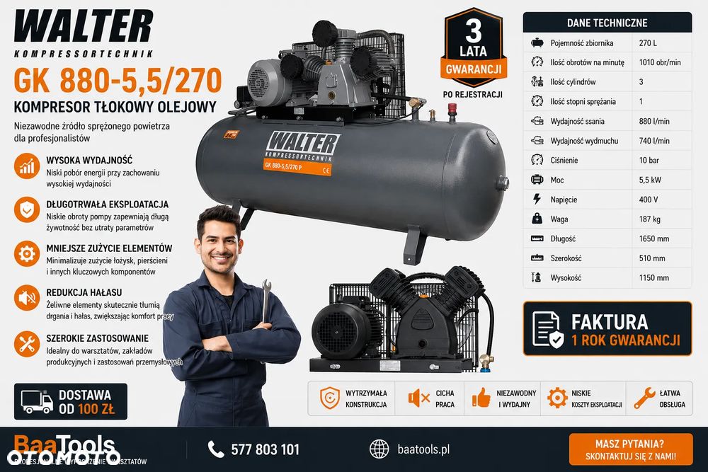 Kompresor tłokowy sprężarka WALTER GK 880-5,5/270 - 1