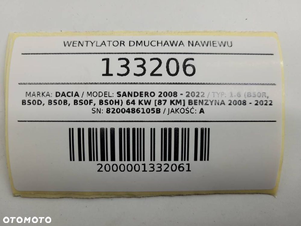 WENTYLATOR DMUCHAWA NAWIEWU DACIA SANDERO I 8200486105B ORYGINAŁ - 9