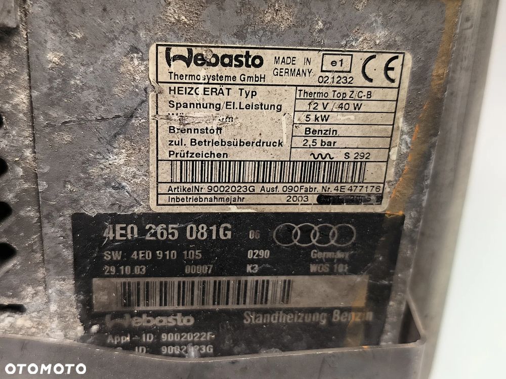Ogrzewanie postojowe Webasto 4E0265081G Audi, A8 S8 D3 4E (2008) - 2