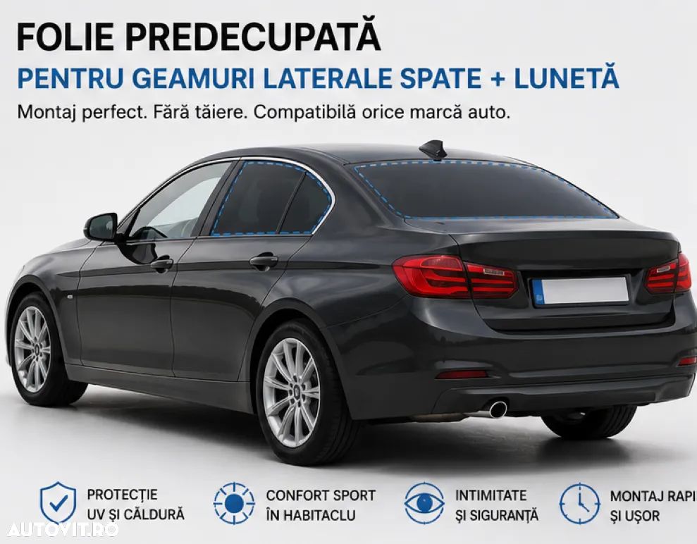 Folie Auto Predecupată Digital, de Plotter, pentru Masina Ta, Premium, VLT 5%, Protectie UV 99% - Kit Complet DIY Lunetă și Laterale Spate - 1