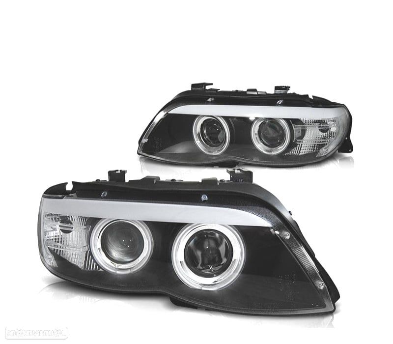 FARÓIS XENON BMW X5 E53 03-07 OLHOS DE ANJO CCFL FUNDO PRETO - 1