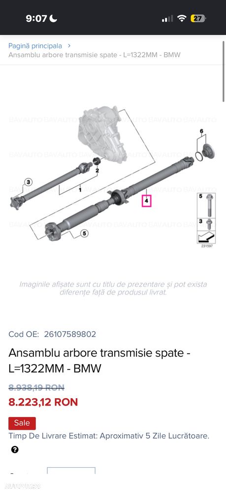 Cardan spate BMW X3 F25 / X4 F26 2.0dX - Stare Excelentă - Cod 26107589802 - 5