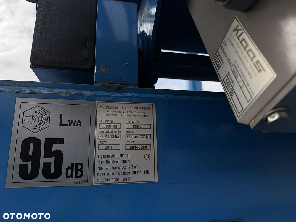 KLAAS K21/31TSR Dźwig Dekarski żuraw zwyżka podnośnik 31m. udźwig 1800kg max. Silnik Yanmar 3cyl. Kosz pojemnik. Dźwig Sterowany całkowicie zdalnie z pilota. Do 3,5 tony Transportowanie samochodem osobowym! Podwieszana oś Hydr. Własny Napęd Hydr. na 2 koła w terenie. Maszyna jak Nowa 2 tyś mtg. 2015r. Po serwisach Dekra. Sprowadzona z Norwegii. Nie różni się od nowej z salonu. Pełna Hydraulika w maszynie. Najbogatsza wersja. OKAZJA  230volt. Zero zużycia! - 10