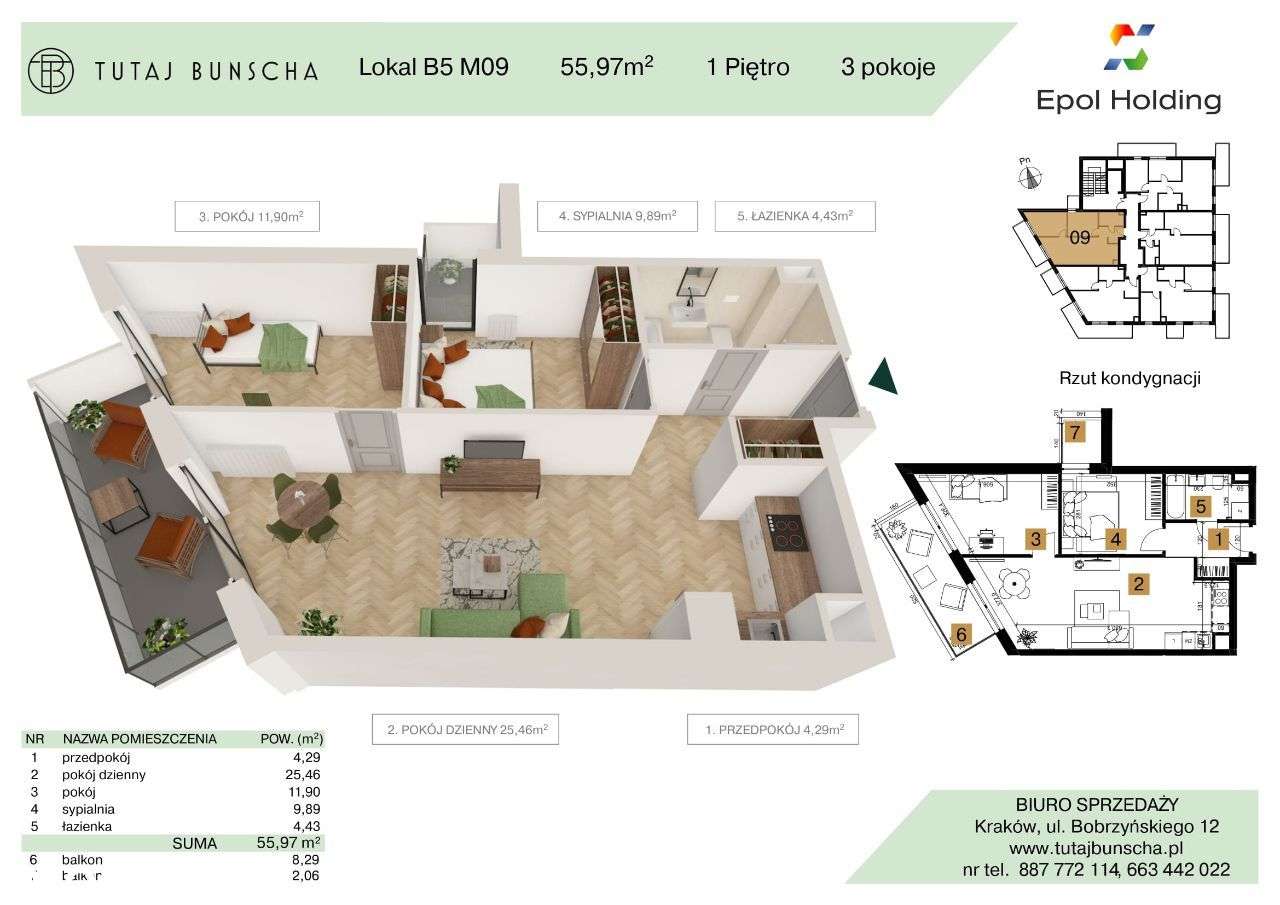 3-pokojowe mieszkanie 55 m2 + 2 balkony 8 i 2 m2, Bezpośrednio