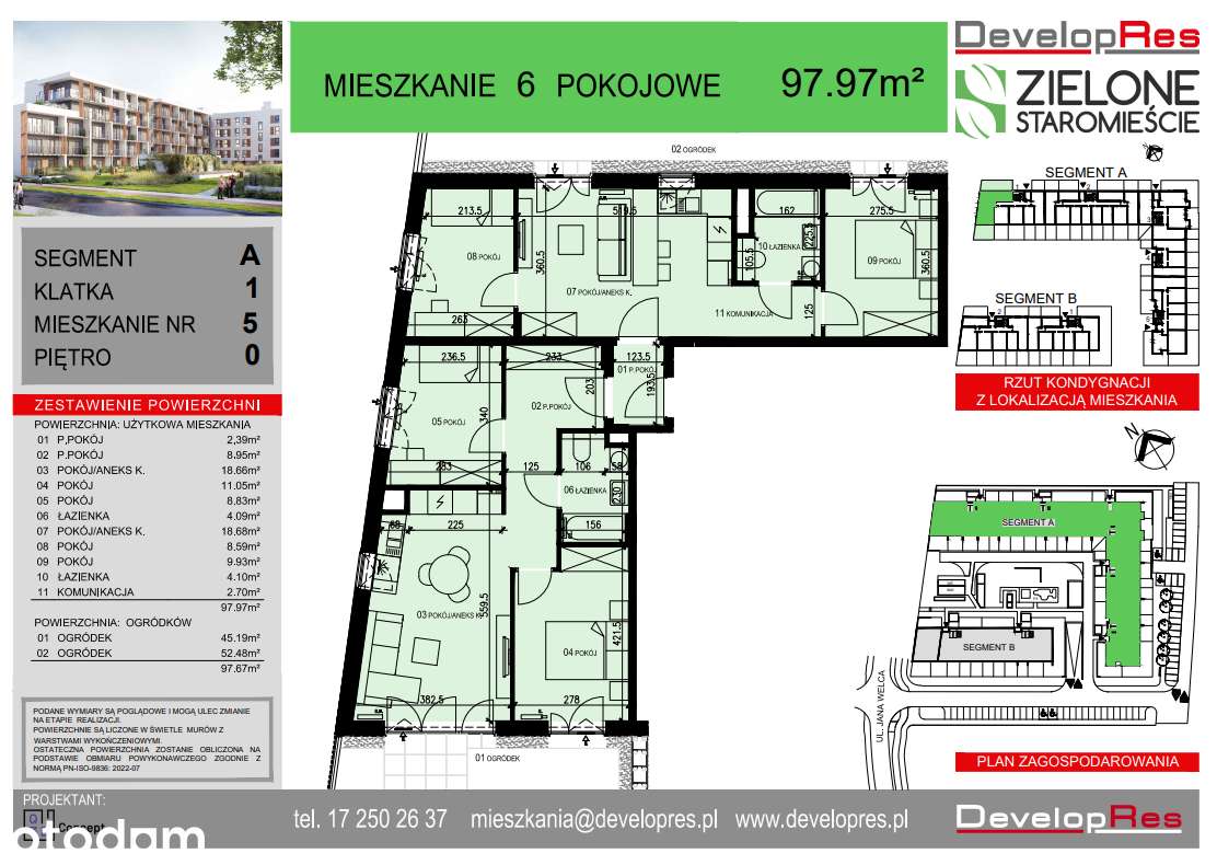 6 pokoi, 97,97 m² z dwoma ogródkami, parter, A-5