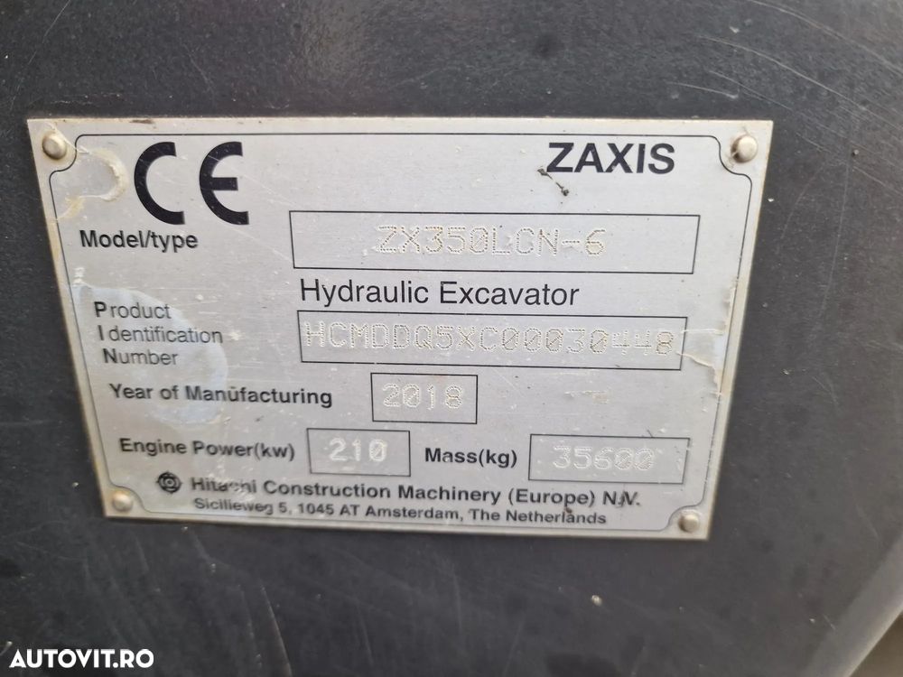 Hitachi ZX350LCN-6, 2018, 8.929h, INGUST 2,99m, CUPLA RAPIDA, cupa 2mc, ad sapare 8m, 2 inst hidr pe brate, ridica 20t, 3 camere, Masa operationala 36,5t, motor Isuzu 283CP, 3 pompe hidr,posibilitate leasing 3 ani, STARE FOARTE BUNA, PROMOTIE 99.000 EUR+tva - 19