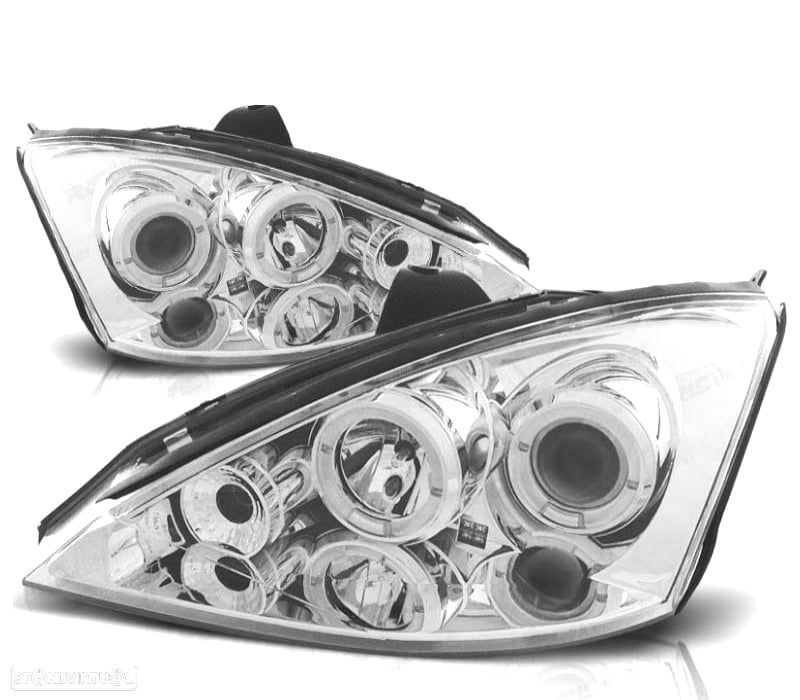 FARÓIS ANGEL EYES CCFL PARA FORD FOCUS 98-03 FUNDO CROMADO - 1