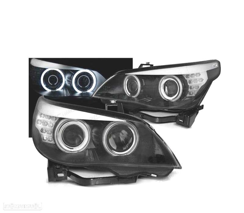 FARÓIS BMW SÉRIE 5 E60 03-07 OLHOS DE ANJO CCFL FUNDO PRETO - 1