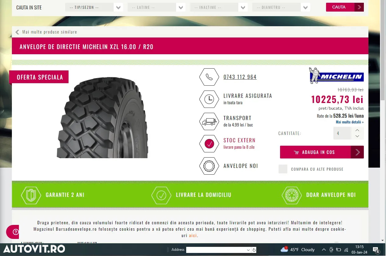 ANVELOPE MICHELIN XZL 16.00 / R20 Set 4 buc second hand - 2