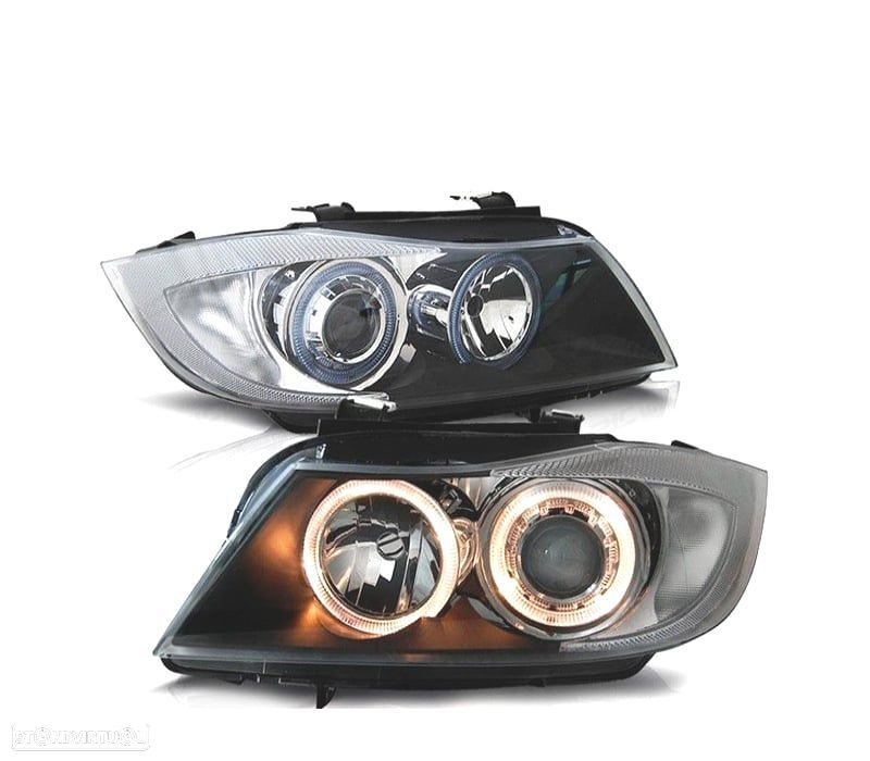 FARÓIS BMW E90 E91 ANGEL EYES FUNDO PRETO - 1