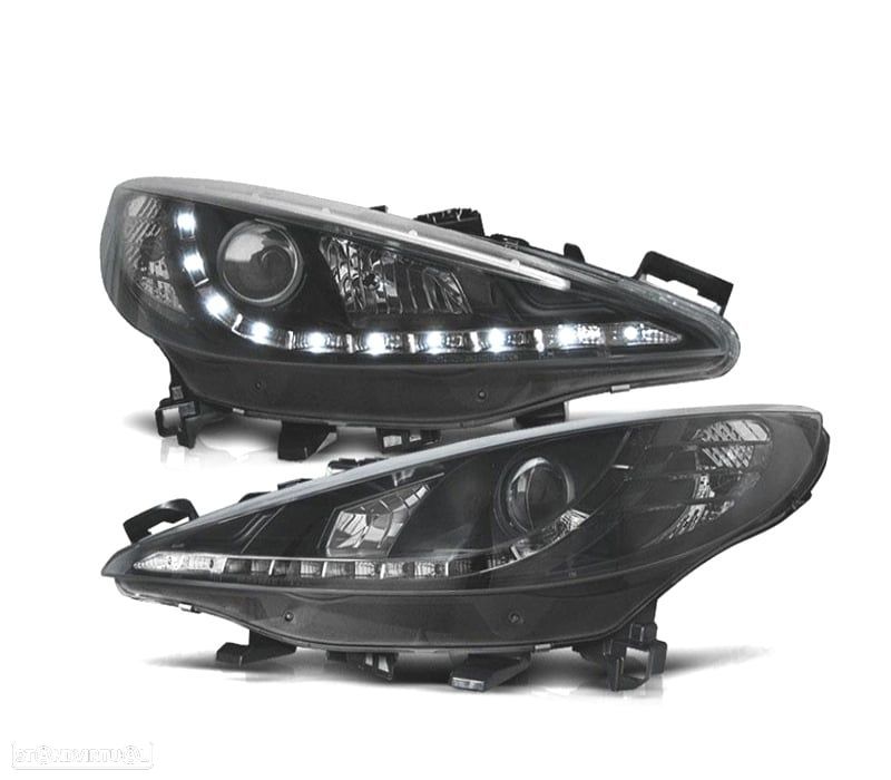 FARÓIS COM LUZ DIURNA LED PEUGEOT 207 06-12 FUNDO PRETO - 1