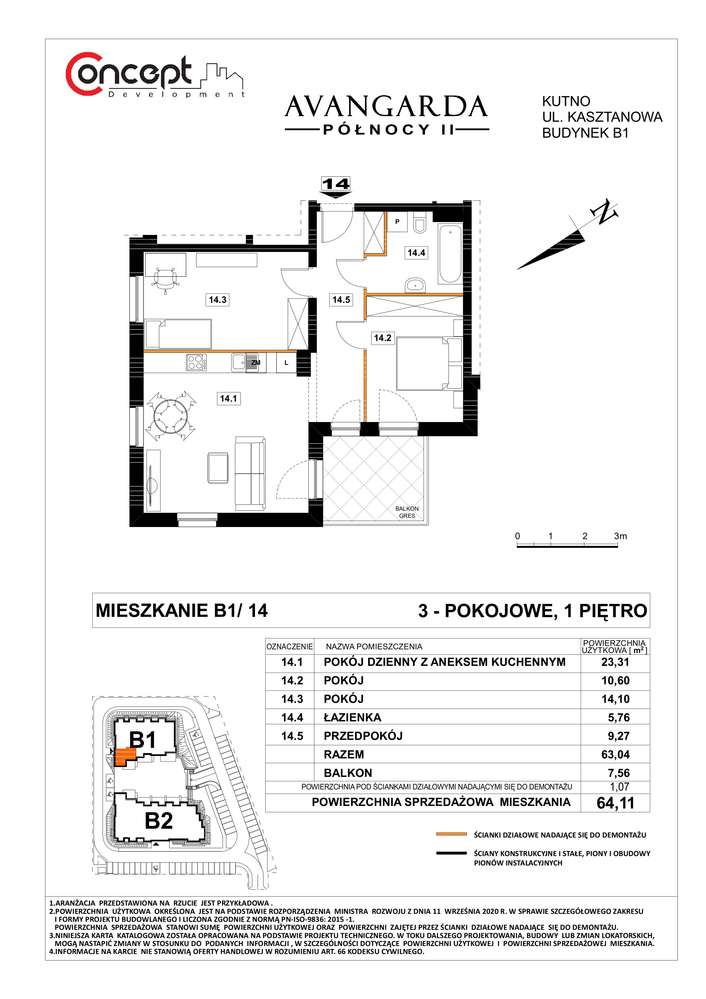 Mieszkanie 3-pokojowe, 64,11 m2 | B1/14 - Pełny obrazek: 2/10