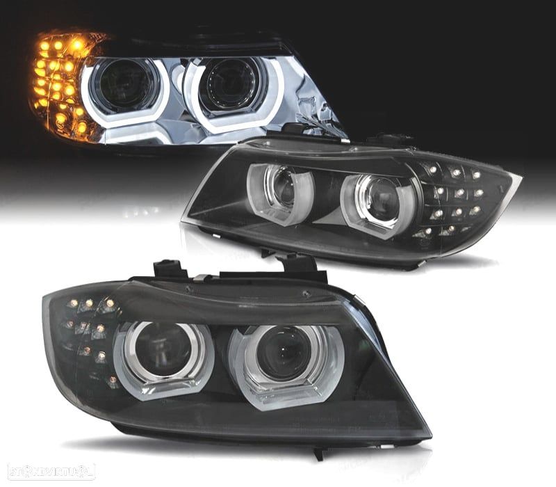 FARÓIS XENON ANGEL EYES 3D BMW E90 E91 08-12 FUNDO PRETO - 1