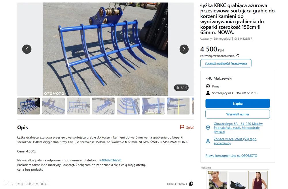 Łyżka grabiąca ażurowa przesiewowa sortująca grabie rejki do CAT 320 do korzeni kamieni do wyrównywania grabienia do koparki szerokość 105cm fi80mm. NOWA!!! - 2
