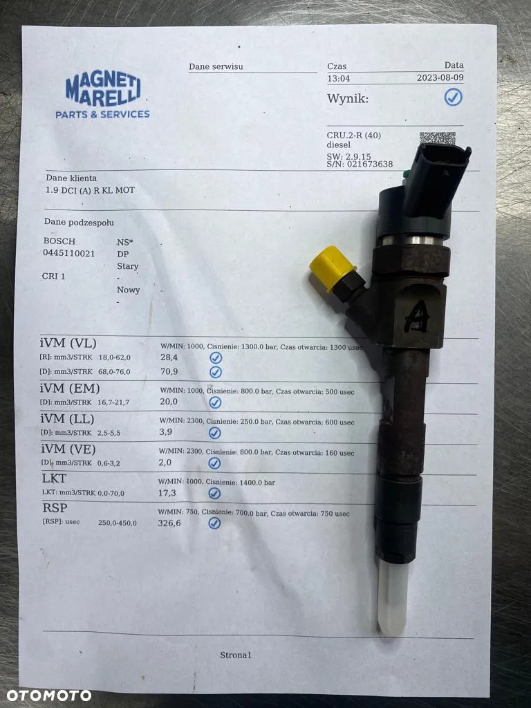 WTRYSKIWACZ TEST REGENERACJA 1.9 DCI 0445110021 WTRYSK NOWY ROZPYLACZ VOLVO S40 LAGUNA II TRAFIC MASTER 7700111014 0445110146 - 2