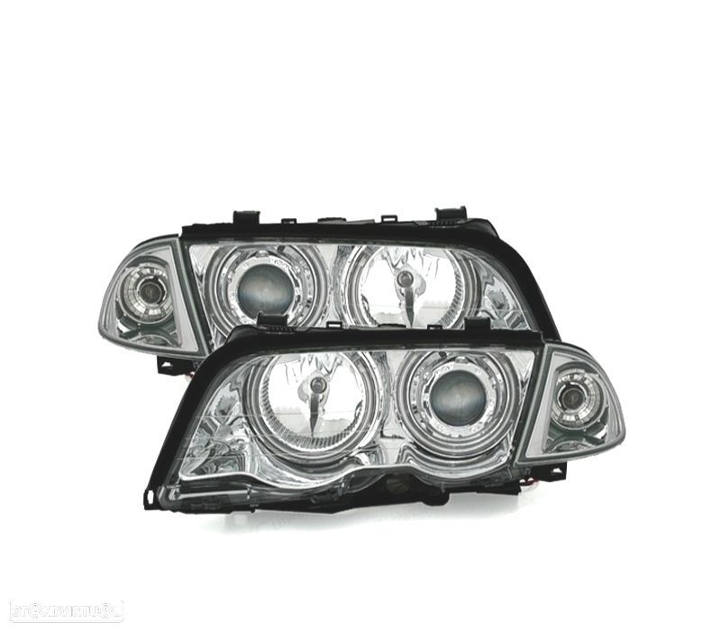 FARÓIS DIANTEIROS BMW E46 4 PORTAS 98-01 ANGEL EYES CFL FUNDO CROMADO H7-H7 - 1
