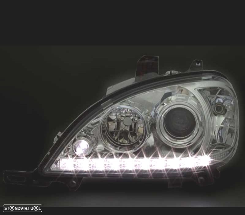 FARÓIS FRONTAIS LED LUZ DIURNA PARA MERCEDES ML W163- 98-01. FUNDO CROMADO - 3