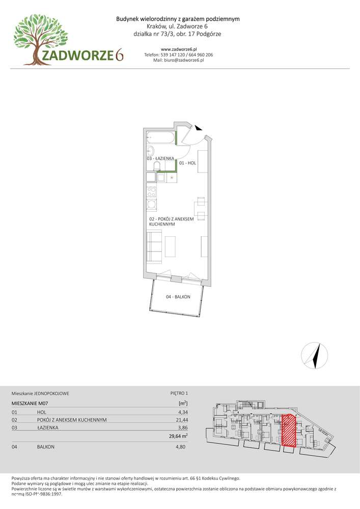 Nowe 1-pokojowe mieszkanie 29,64 m² | Pierwsze piętro z balkonem