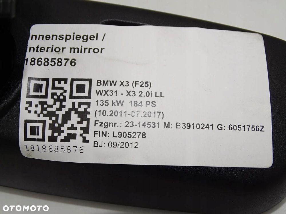 LUSTERKO WSTECZNE WEWNĘTRZNE BMW F06 F12 X5 F15 X3 F25 F30 F32 - 4