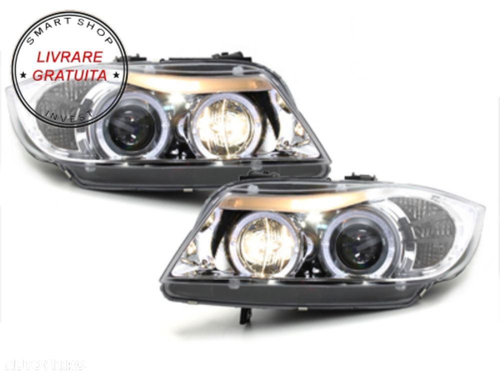 Faruri BMW Seria 3 E90 E91 (03.2005-08.2008) Angel Eyes Crom- livrare gratuita - 2