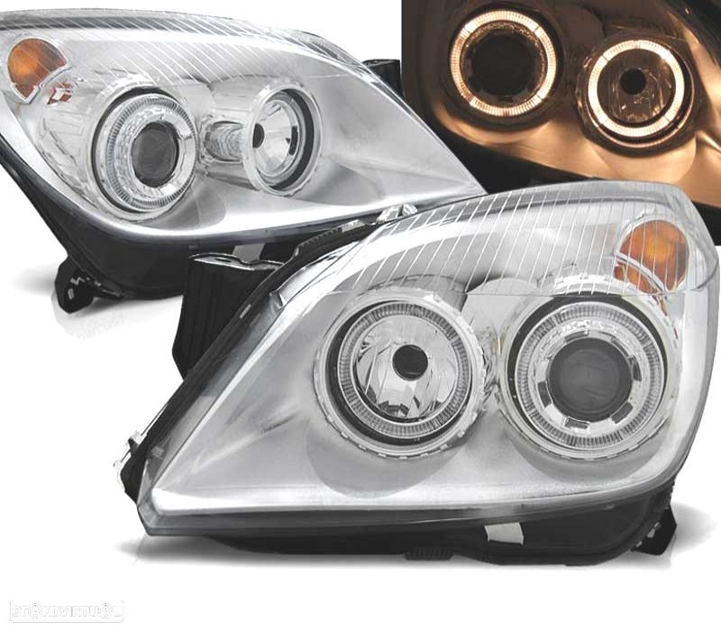 FARÓIS FRONTAIS ANGEL EYES PARA OPEL ASTRA H FUNDO CROMADO - 1
