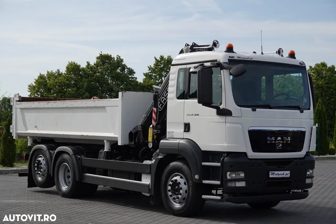 MAN TGS 26.360 / 6X2 / BASCULĂ + HDS FASSI F155A / CAPACITATE DE RIDICARE 6 160 KG / BORDMATIC / AXĂ RIDICATĂ / EURO 5 - 12