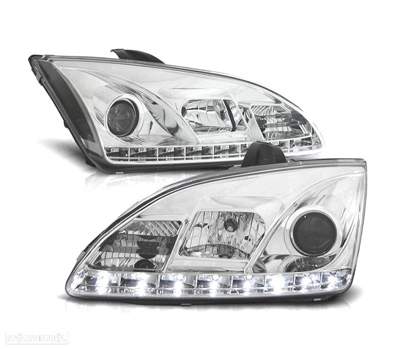 FARÓIS FORD FOCUS 04-08 LUZ DIURNA LED FUNDO CROMADO - 1
