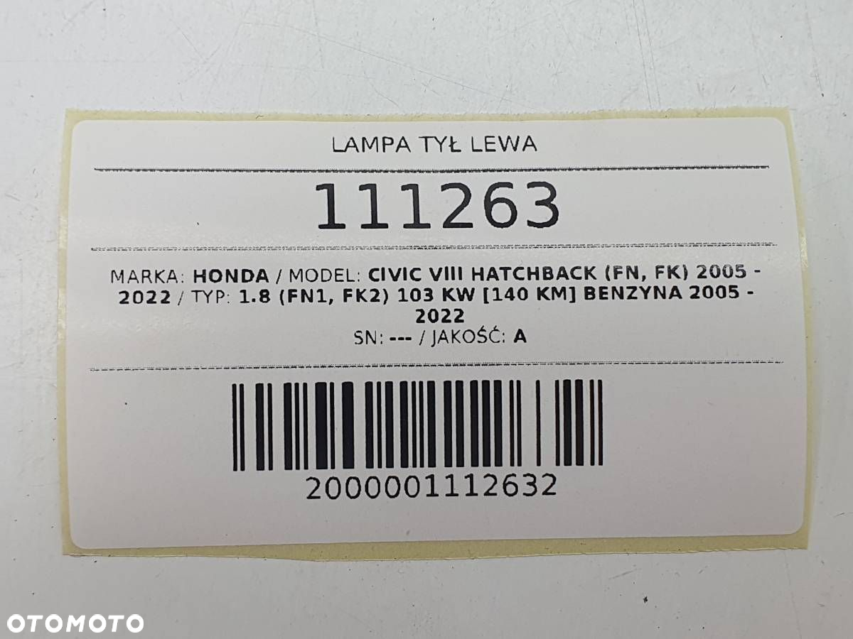 LAMPA TYŁ LEWA HONDA CIVIC VIII LIFT EUROPA TYPE R S HONDA CIVIC VIII 2007 - 10