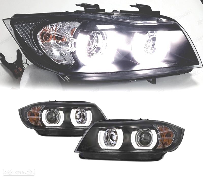 FARÓIS BMW E90 E91 05-08 XENON ANGEL EYES U LED 3D NEGRO - 1