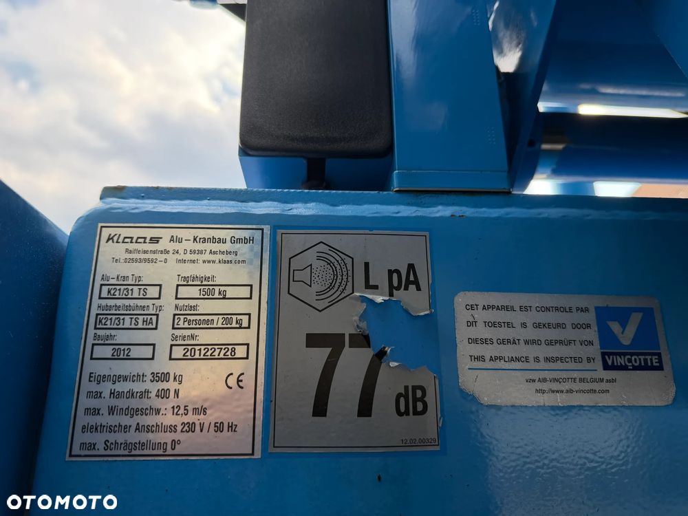 KLAAS 21/31TSP Dźwig Dekarski żuraw zwyżka podnośnik 31m. udźwig 1800kg max. Silnik Yanmar 3cyl. Dźwig Sterowany całkowicie zdalnie z pilota. Do 3,5 tony Transportowanie samochodem osobowym! Podwieszana oś Hydr. Własny Napęd Hydr. na 2 koła w terenie. Maszyna jak Nowa 2,5 tyś mtg. 2013r. Po serwisach Dekra BMWT. Sprowadzona z Norwegii. Nie różni się od nowej z salonu. Pełna Hydraulika w maszynie. Najbogatsza wersja. OKAZJA 230volt. Zero zużycia! - 28