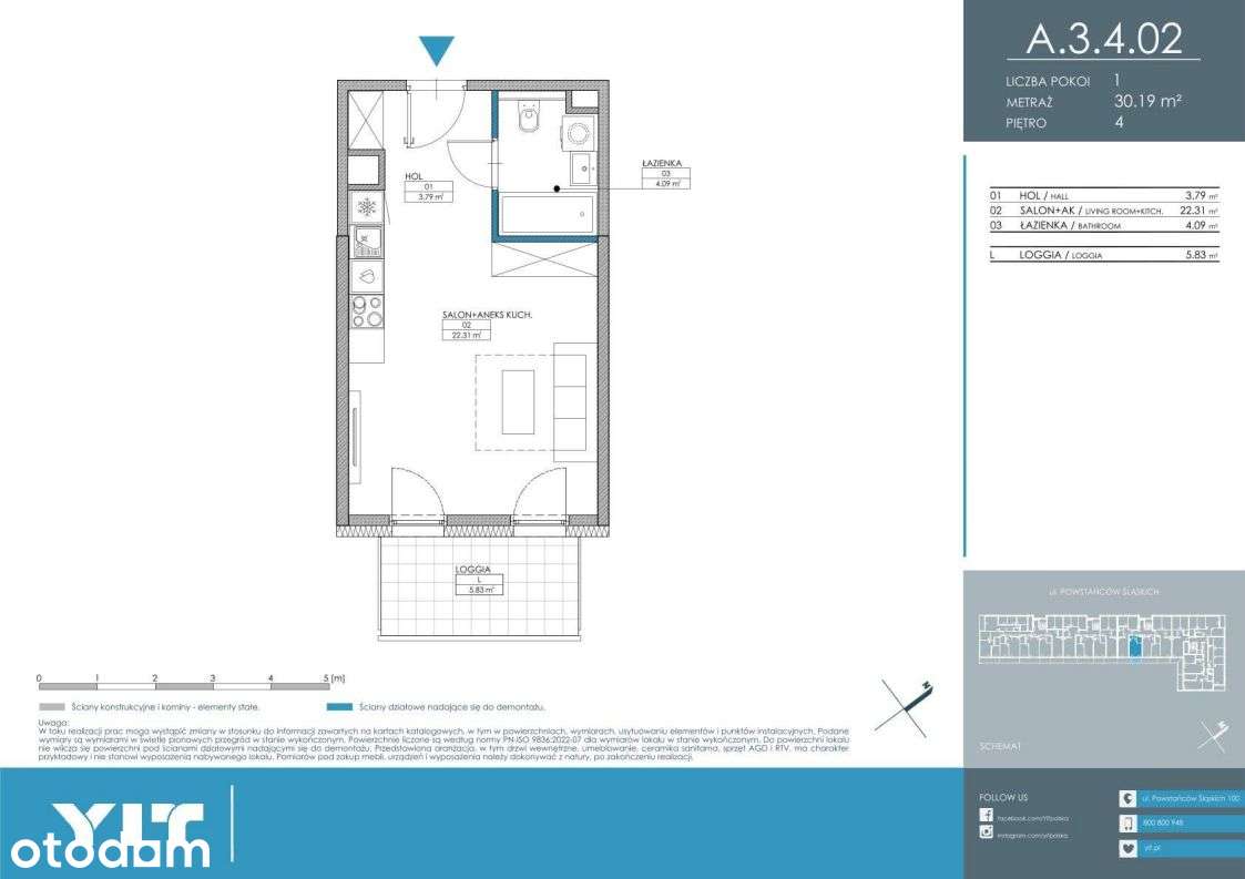 1-pokojowe mieszkanie 30m2 + loggia Bezpośrednio - Pełny obrazek: 2/9