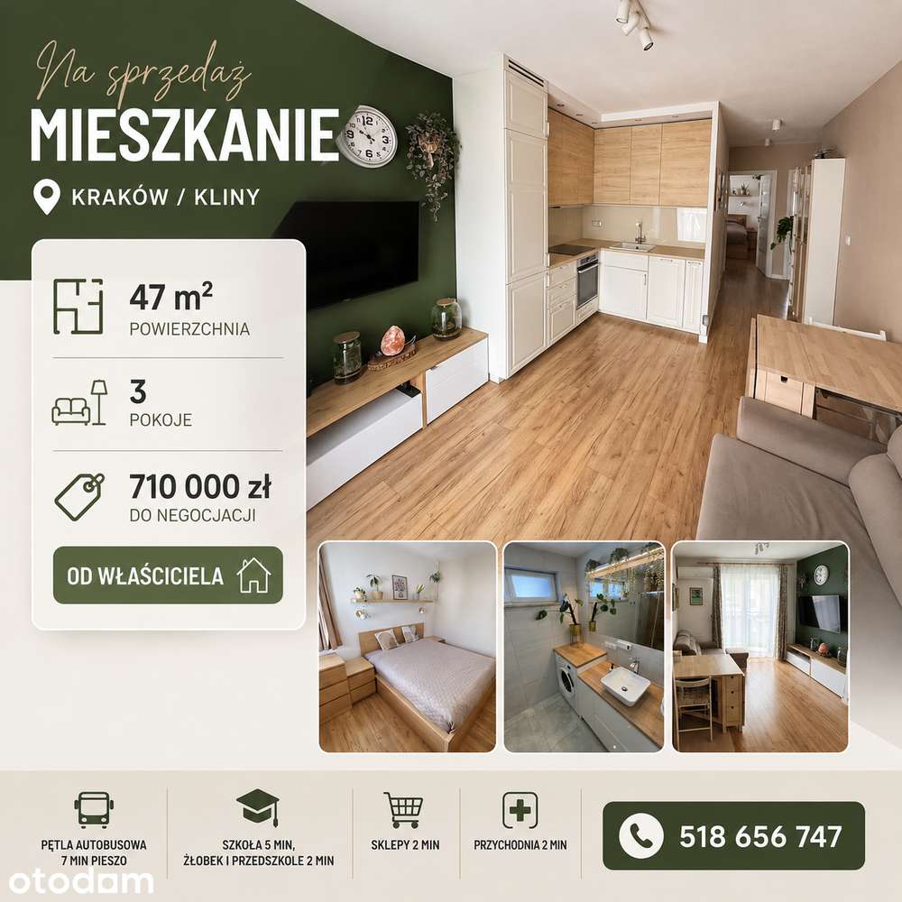 3 pokojowe zadbane i w pełni wyposażone mieszkanie o pow. 47m2 KLINY