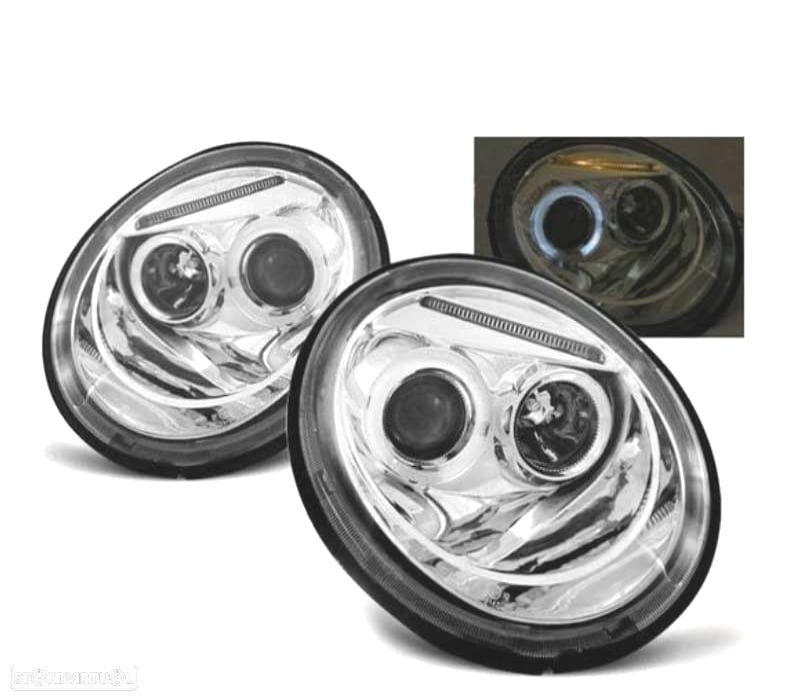 FARÓIS FRONTAIS ANGEL EYES PARA VOLKSWAGEN VW BEETLE,98-05 FUNDO CROMADO - 1