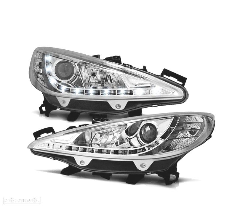 FARÓIS PEUGEOT 207 06-12 LUZ LED DIURNA FUNDO CROMADO - 1