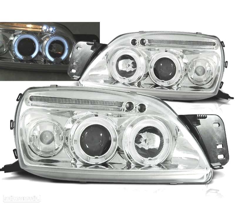 FARÓIS ANGEL EYES FORD FIESTA 99-02 FUNDO CROMADO - 1