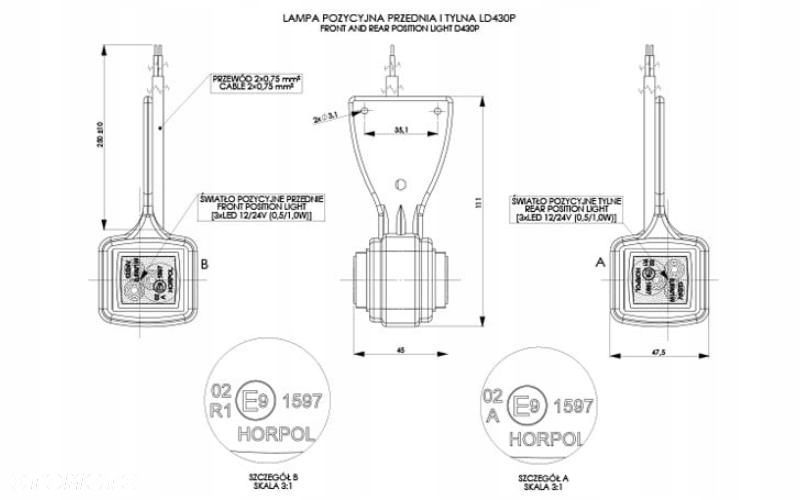 lampka obrysowa led wisząca biała prawa 12/24v - 2